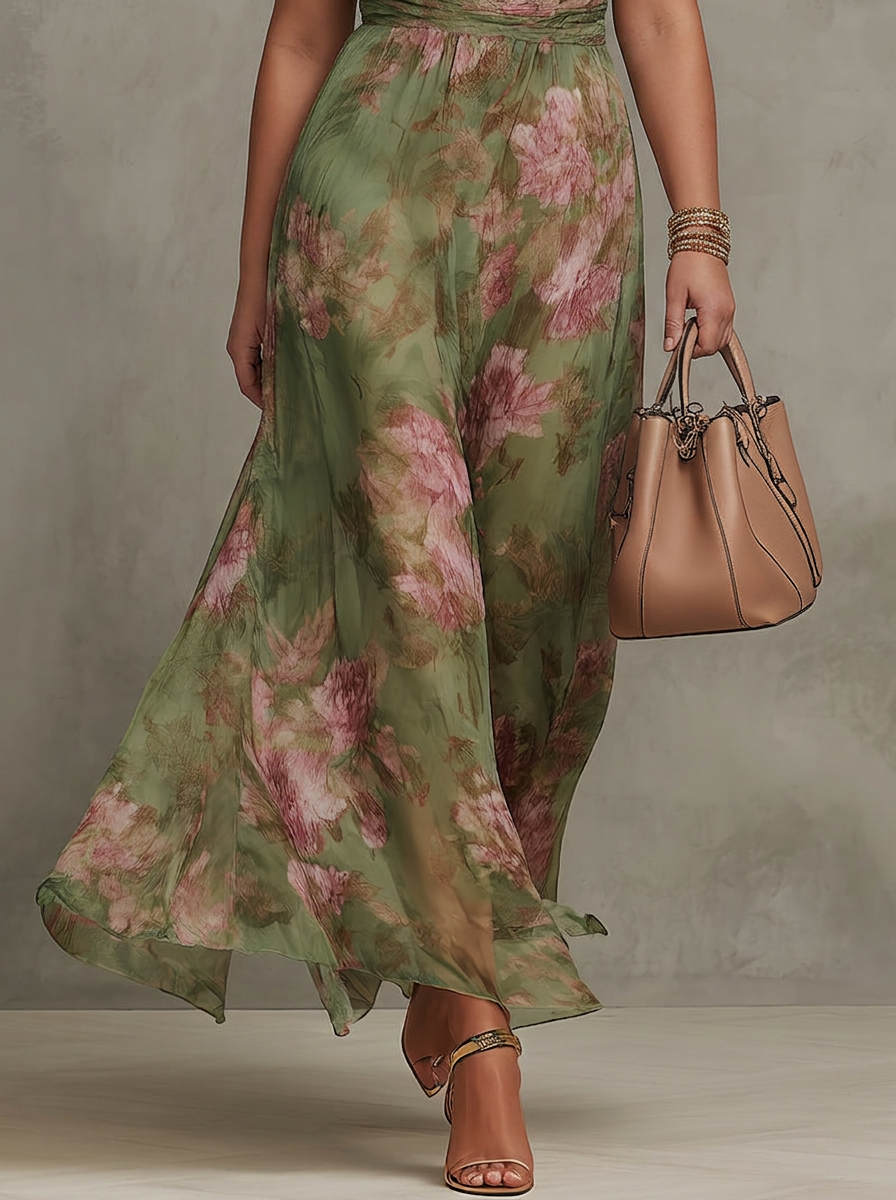 Amity | Green Floral Chiffon Halter Maxi Dress
