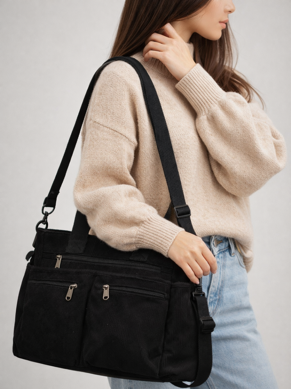 Black Corduroy Tote Bag for University | PERUGIA