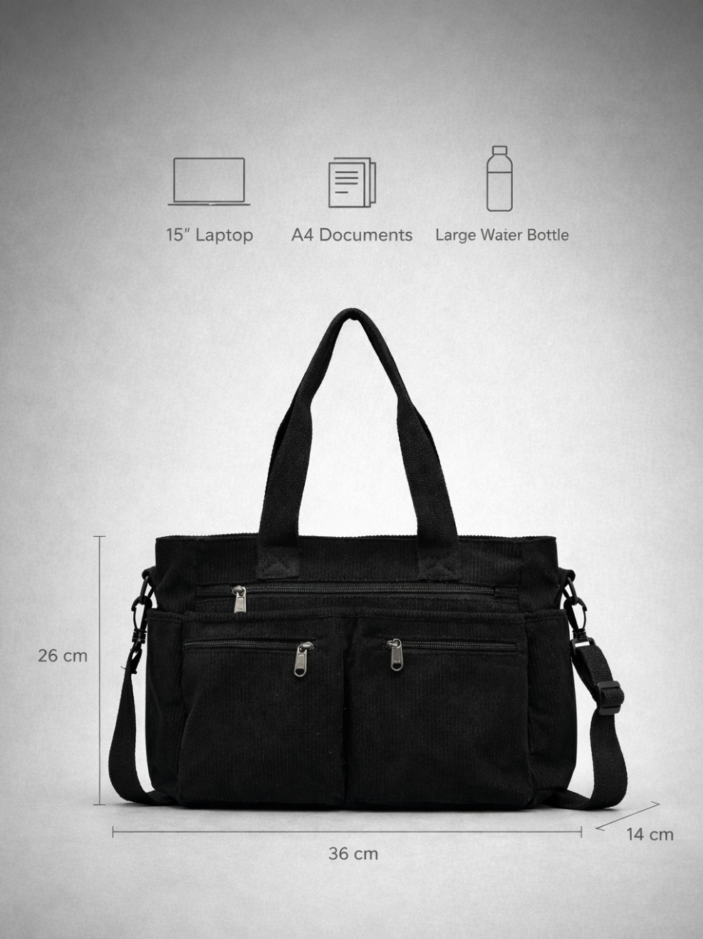 Black Corduroy Tote Bag for University | PERUGIA