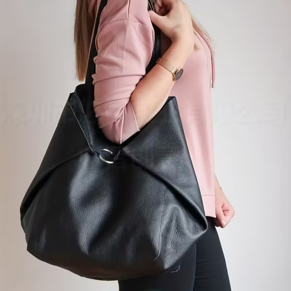 Black Leather Work Tote Bag | Ring-Fold Clasp Closure Sevilla