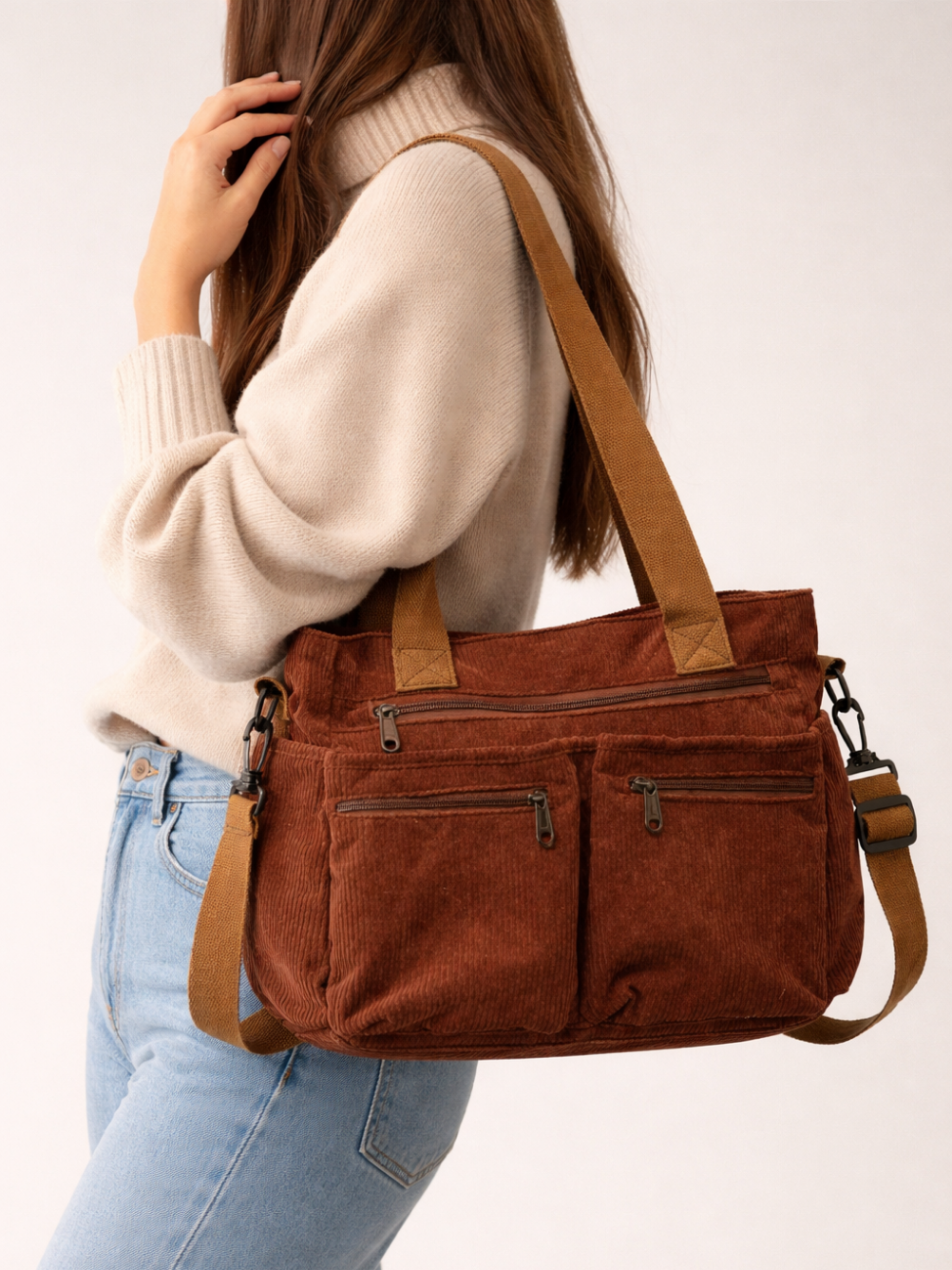 Brown Corduroy Multi-Pocket University Tote Bag – 36×28×14 cm | PERUGIA