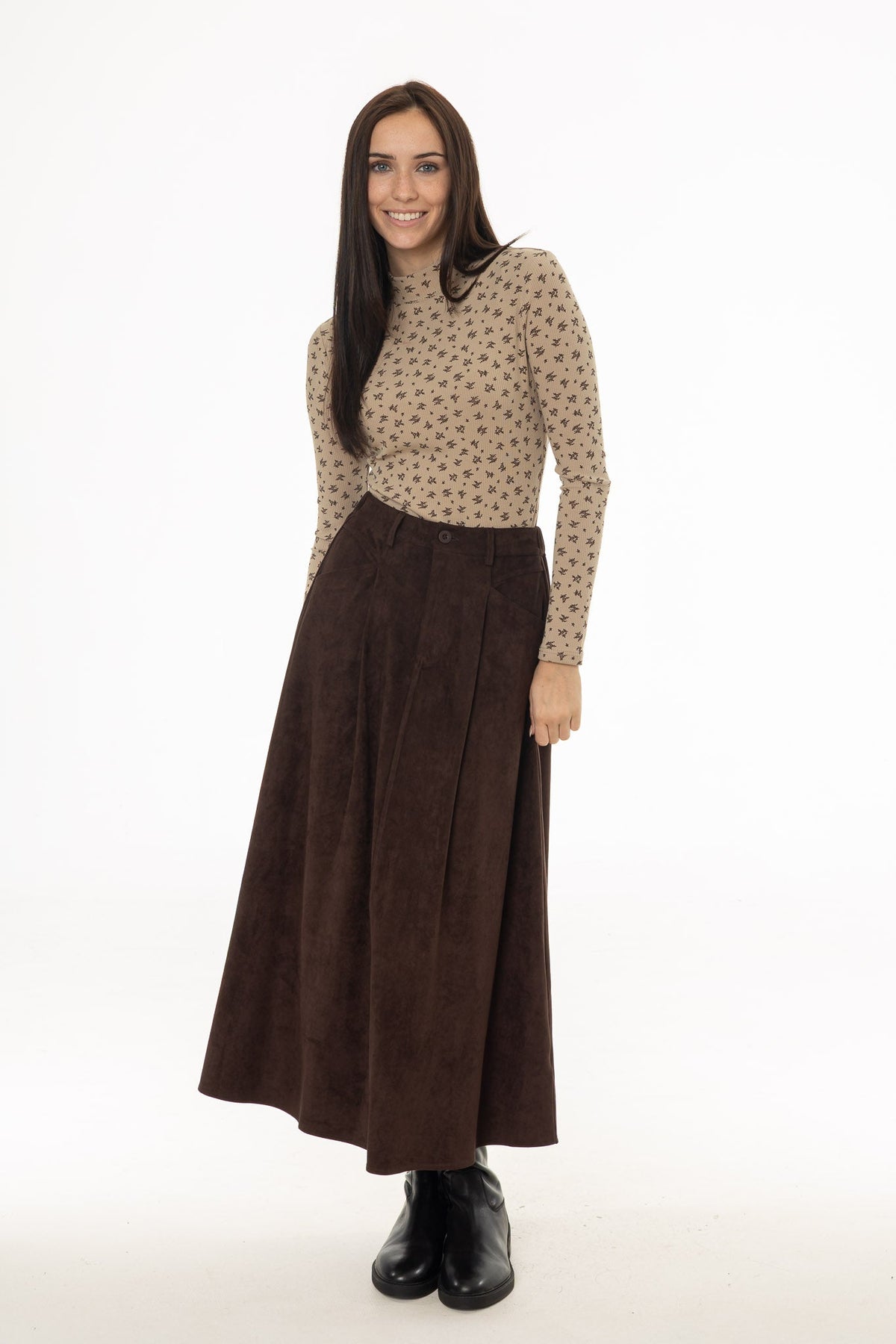 CHITHELABEL - Brown Microsuede Flared Maxi Skirt