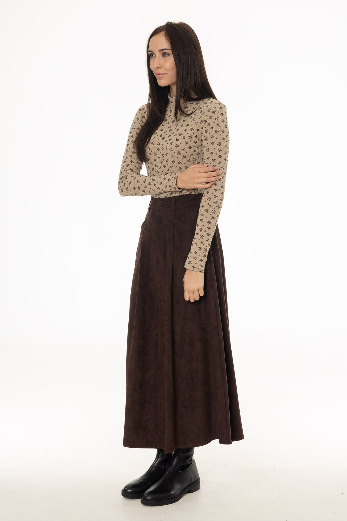 CHITHELABEL - Brown Microsuede Flared Maxi Skirt