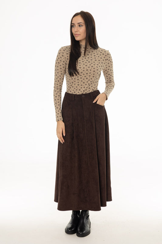 CHITHELABEL - Brown Microsuede Flared Maxi Skirt