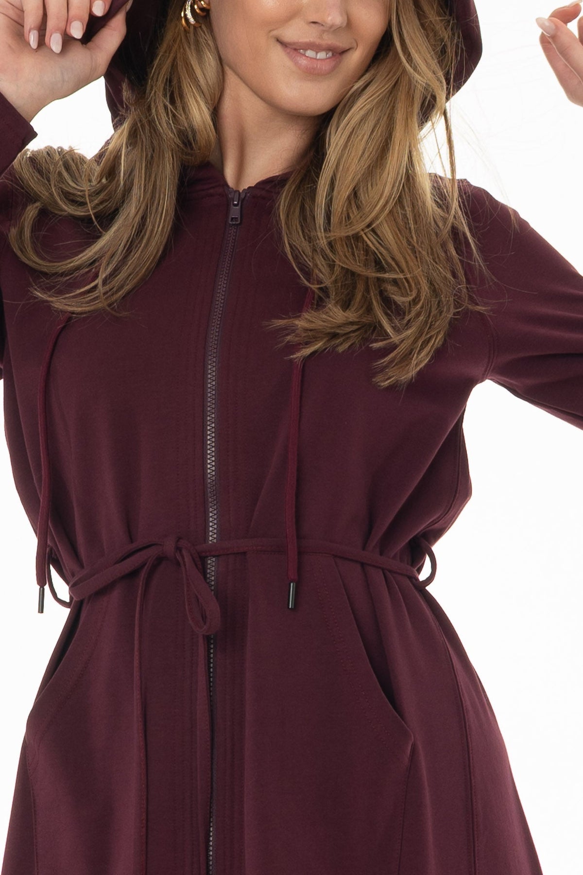 CHITHELABEL - Burgundy Sweatshirt Maxi Dress with Hood and Tie Belt