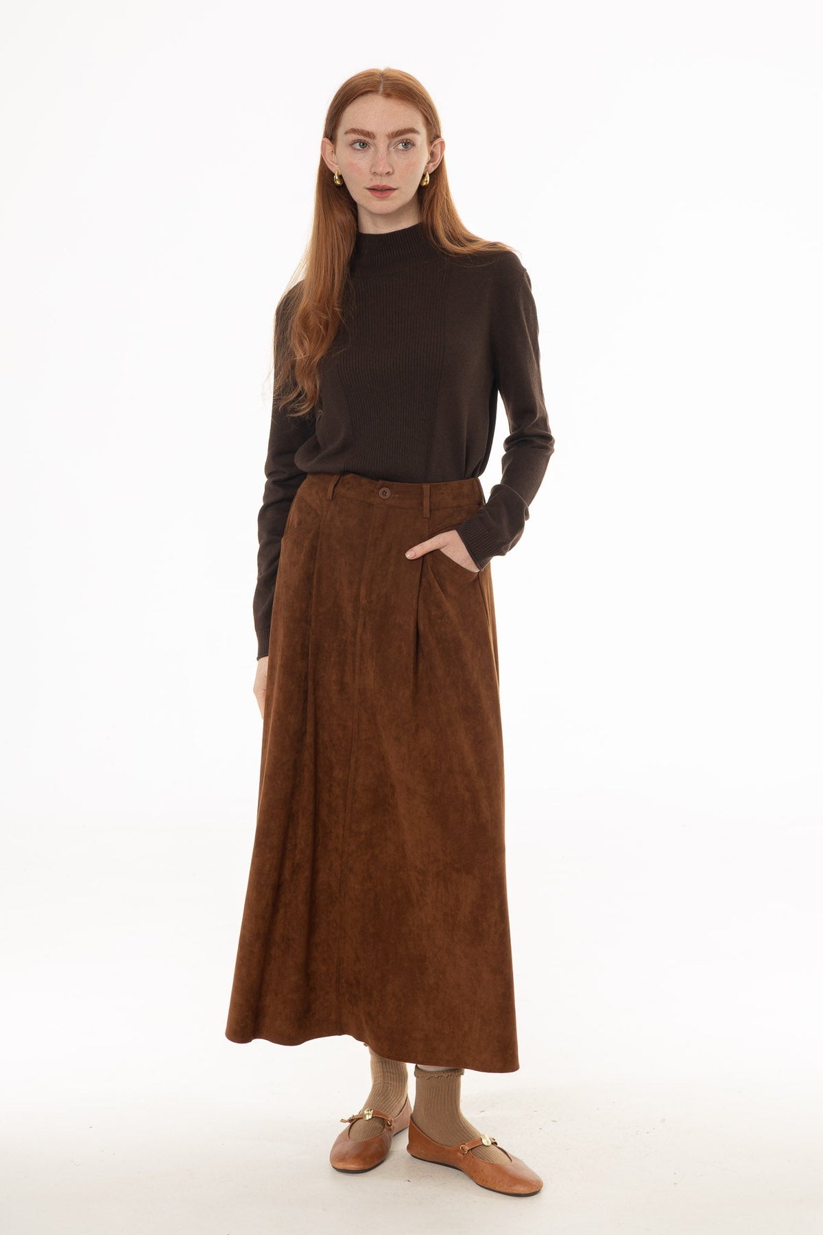 CHITHELABEL - Camel Microsuede Flared Maxi Skirt