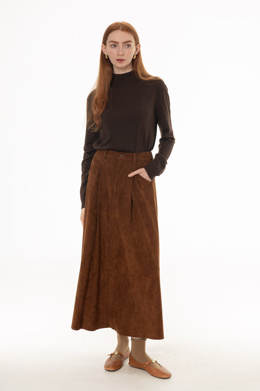 CHITHELABEL - Camel Microsuede Flared Maxi Skirt