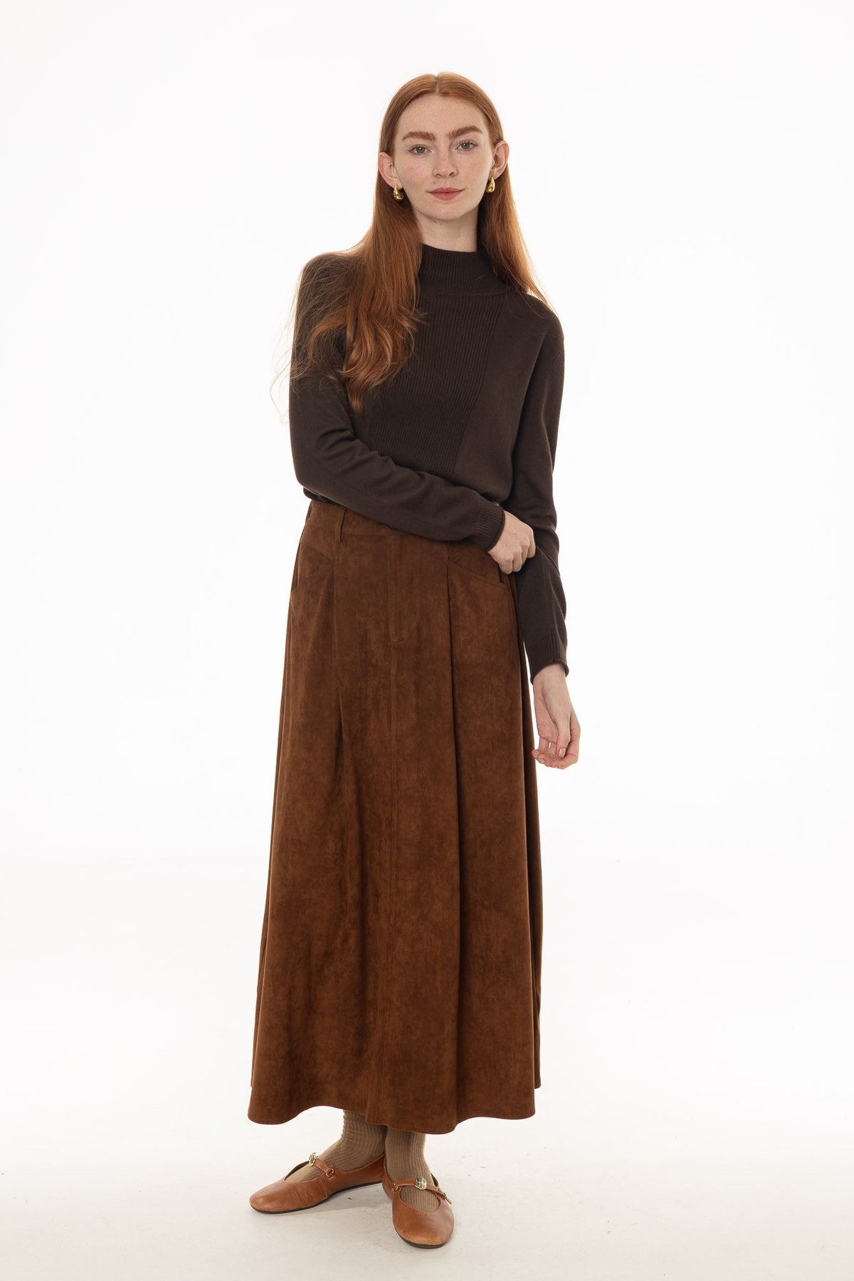 CHITHELABEL - Camel Microsuede Flared Maxi Skirt