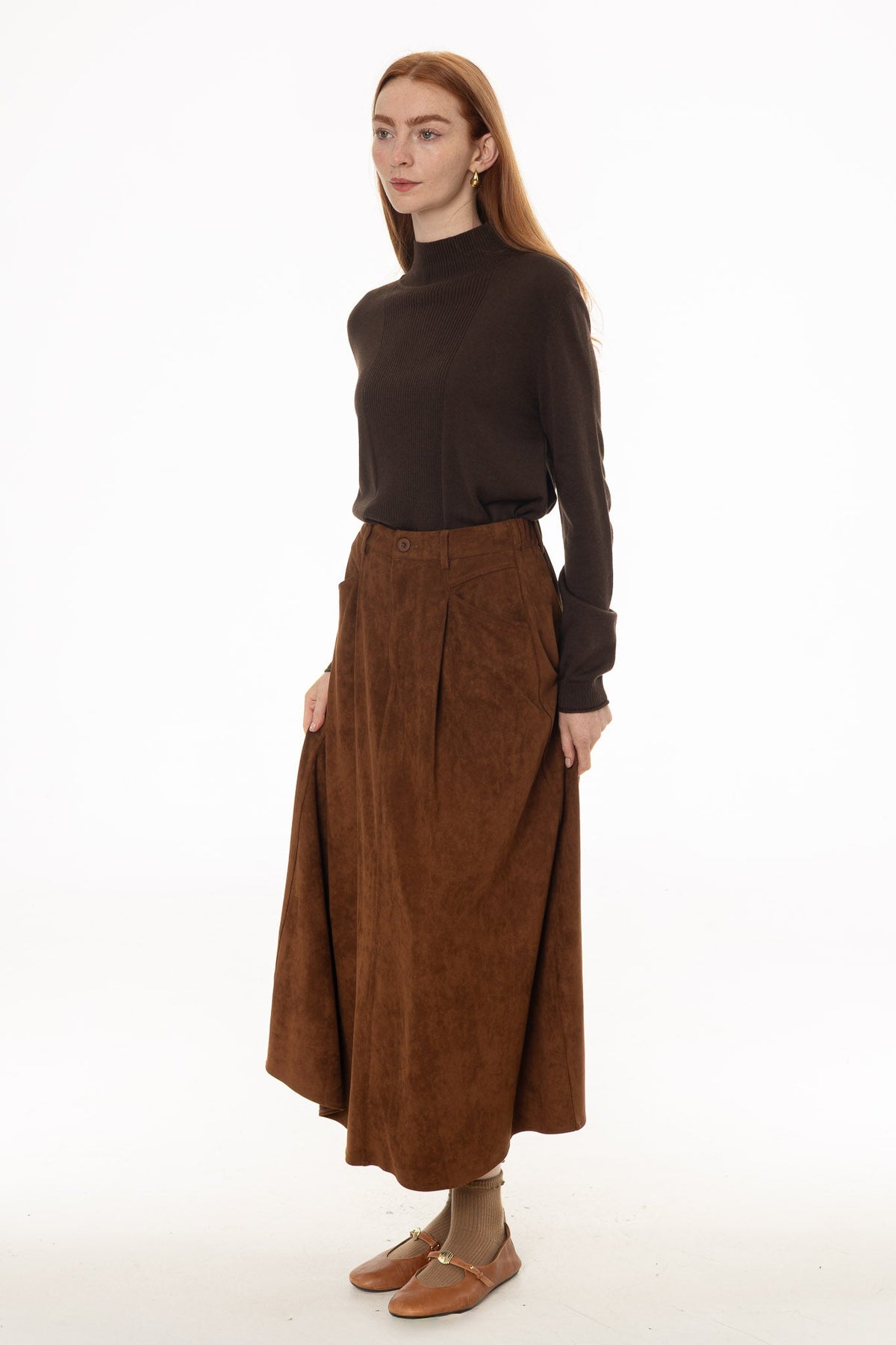 CHITHELABEL - Camel Microsuede Flared Maxi Skirt