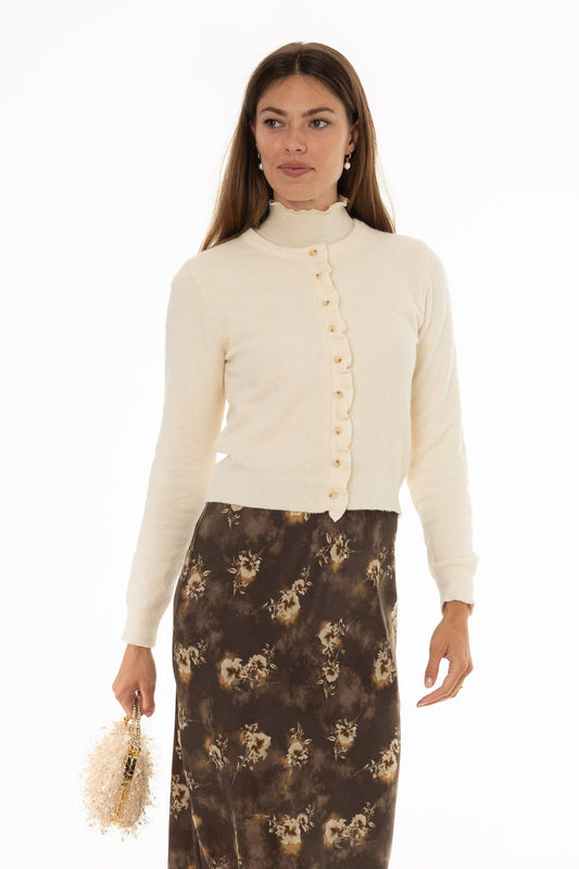 CHITHELABEL - Cream Ruffle Trim Knit Cardigan