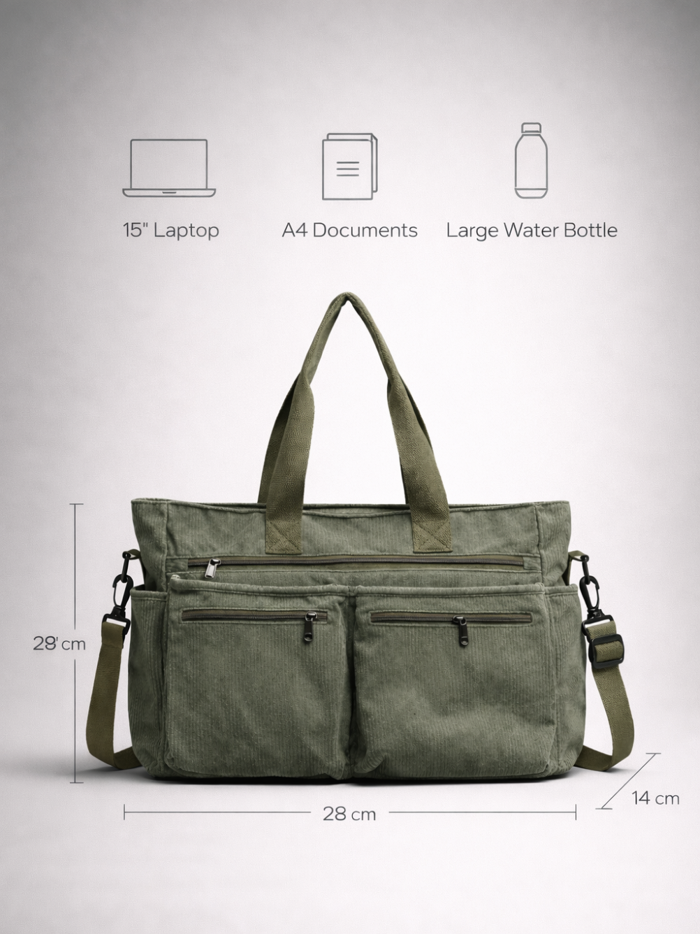Green Corduroy Tote Bag for University | PERUGIA