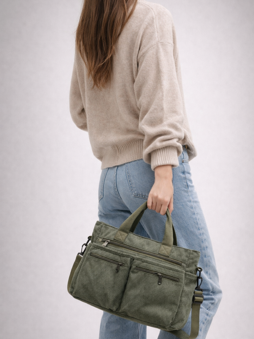 Green Corduroy Tote Bag for University | PERUGIA
