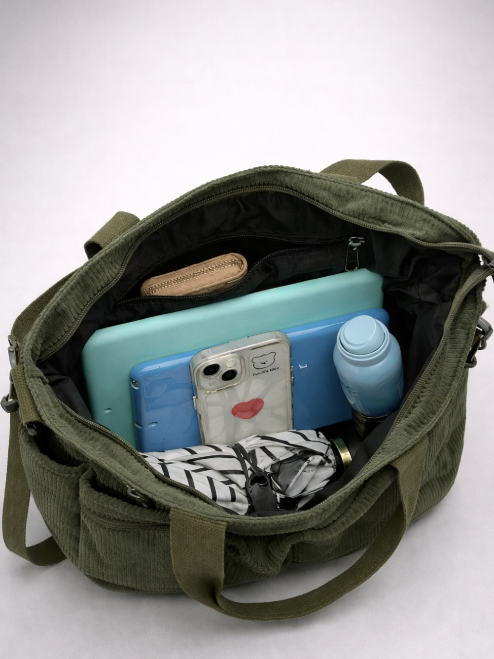 Green Corduroy Tote Bag for University | PERUGIA