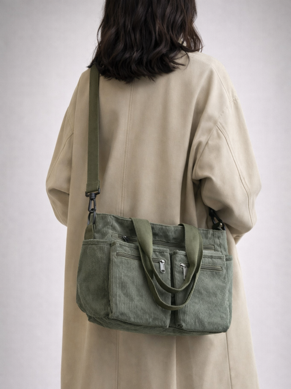 Green Corduroy Tote Bag for University | PERUGIA