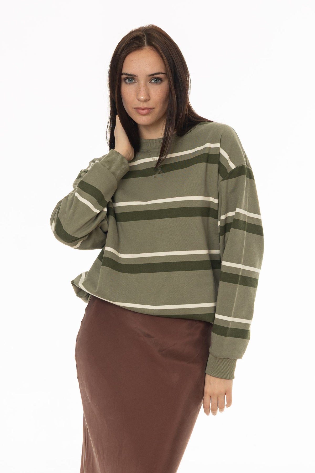 CHITHELABEL - Striped Crew Neck Sweatshirt in Green