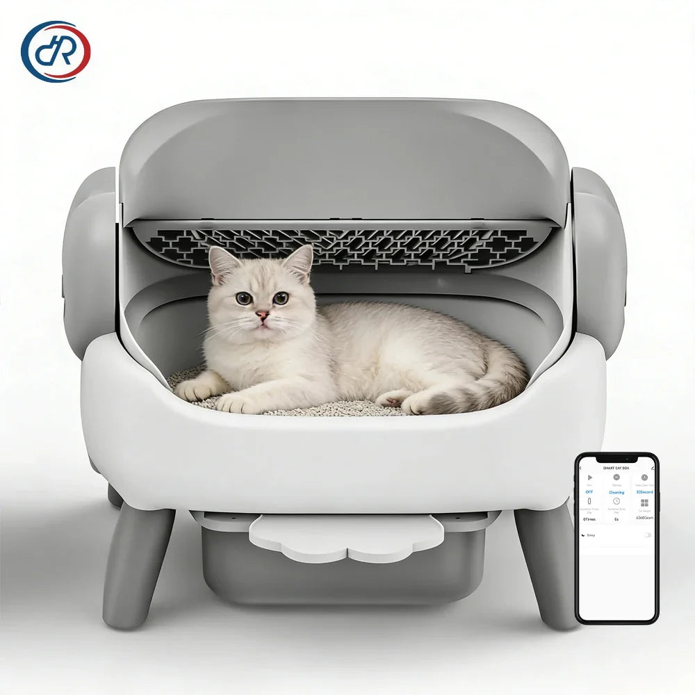 Extra Large Open-Top Automatic Self-Cleaning Cat Litter Box with Smart App Control - Heavy Duty Plastic Pet Toilet for Maine Coons and Multiple Cats