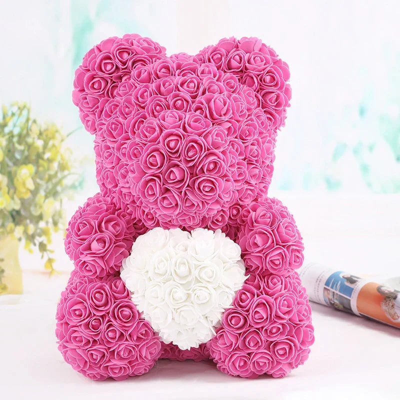 Rose Bear Artificial Flower Teddy Bear - Handmade PE Foam Everlasting Roses Gift for Women - Romantic Anniversary and Valentines Decor - 40cm Red
