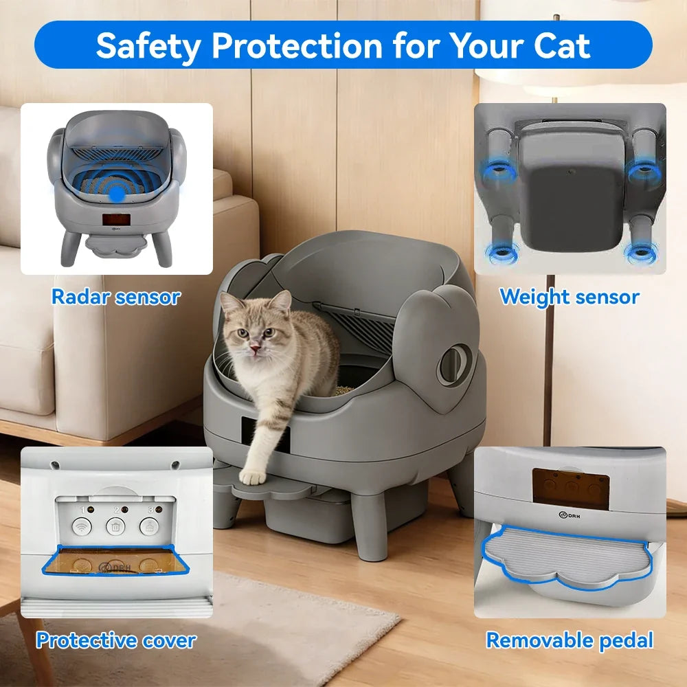 Extra Large Open-Top Automatic Self-Cleaning Cat Litter Box with Smart App Control - Heavy Duty Plastic Pet Toilet for Maine Coons and Multiple Cats