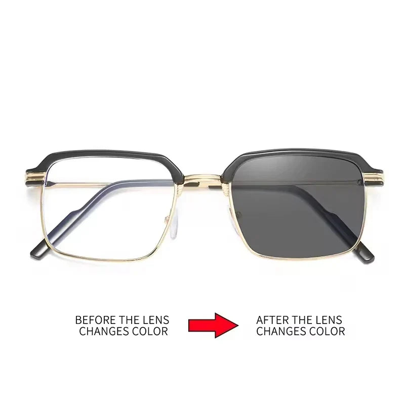 Unisex Anti Blue Light Reading Glasses with Color Changing Photochromic Lenses - Metal Frame Square Eyeglasses for Diamond Face Shapes - Gray