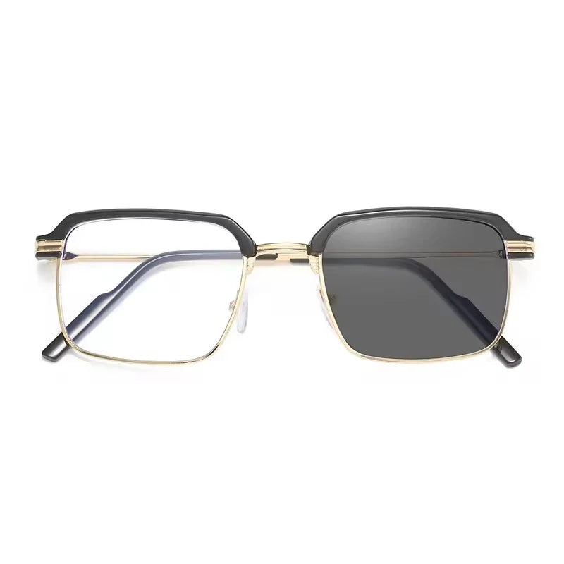 Unisex Anti Blue Light Reading Glasses with Color Changing Photochromic Lenses - Metal Frame Square Eyeglasses for Diamond Face Shapes - Gray