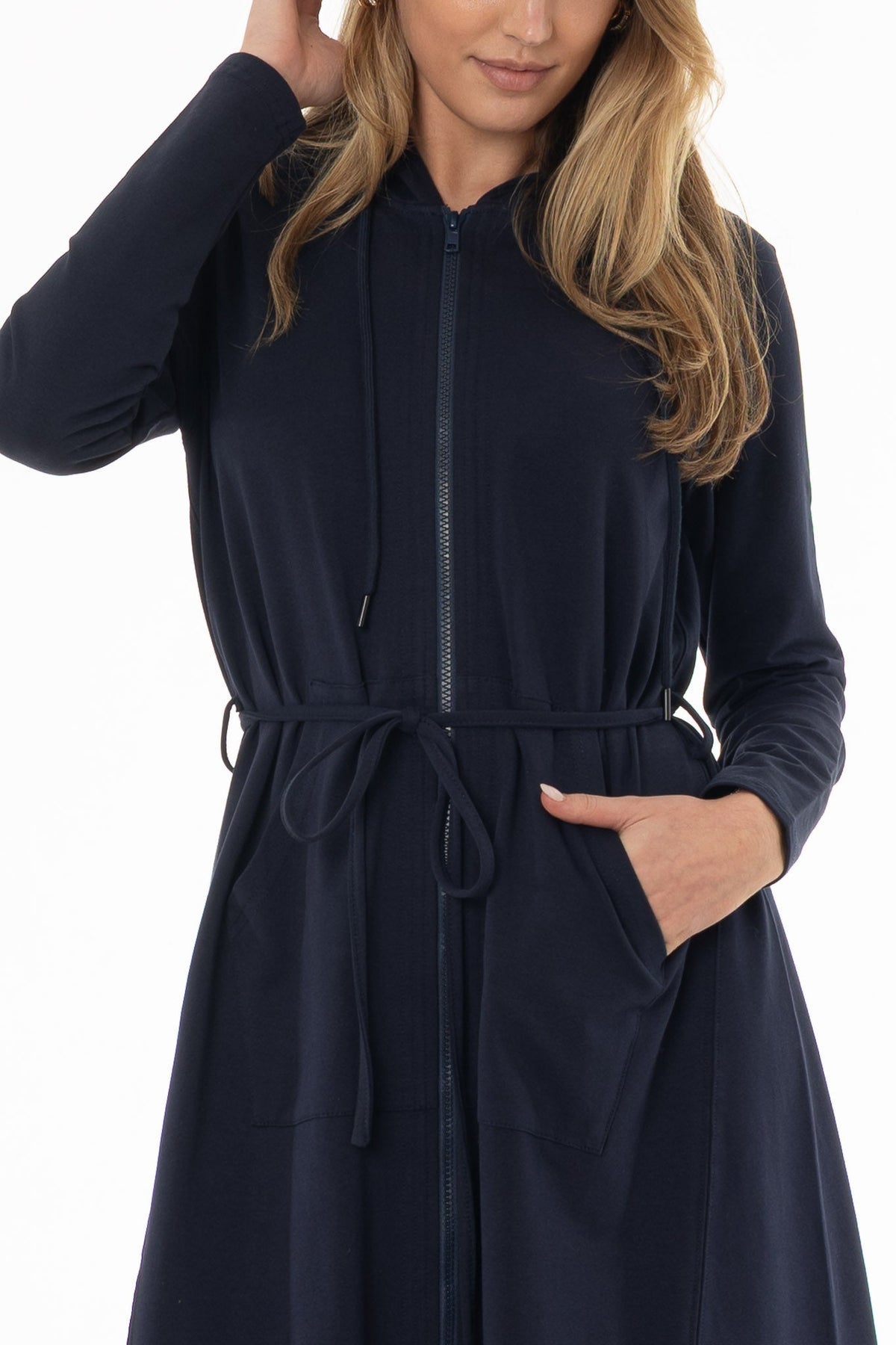 CHITHELABEL - Navy Maxi Sweatshirt Dress with Asymmetrical Hem & Tie Belt