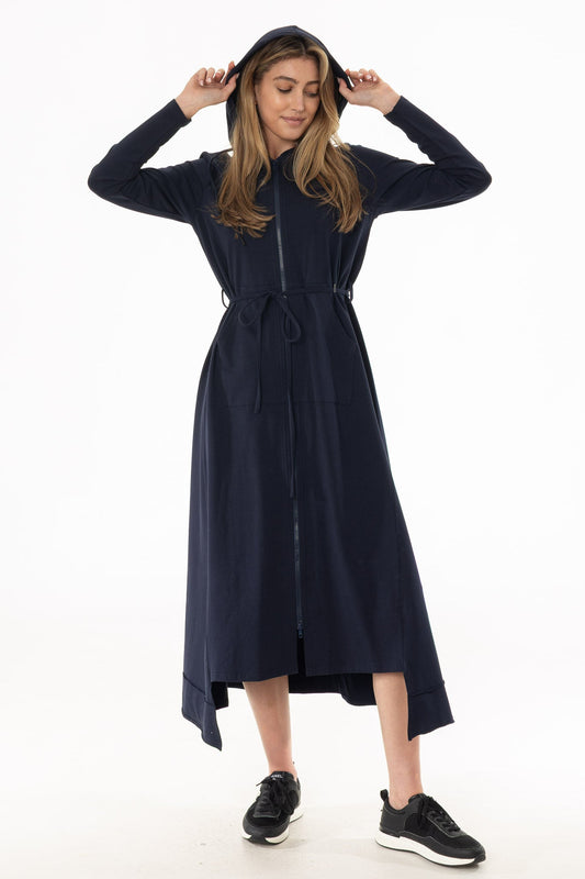 CHITHELABEL - Navy Maxi Sweatshirt Dress with Asymmetrical Hem & Tie Belt