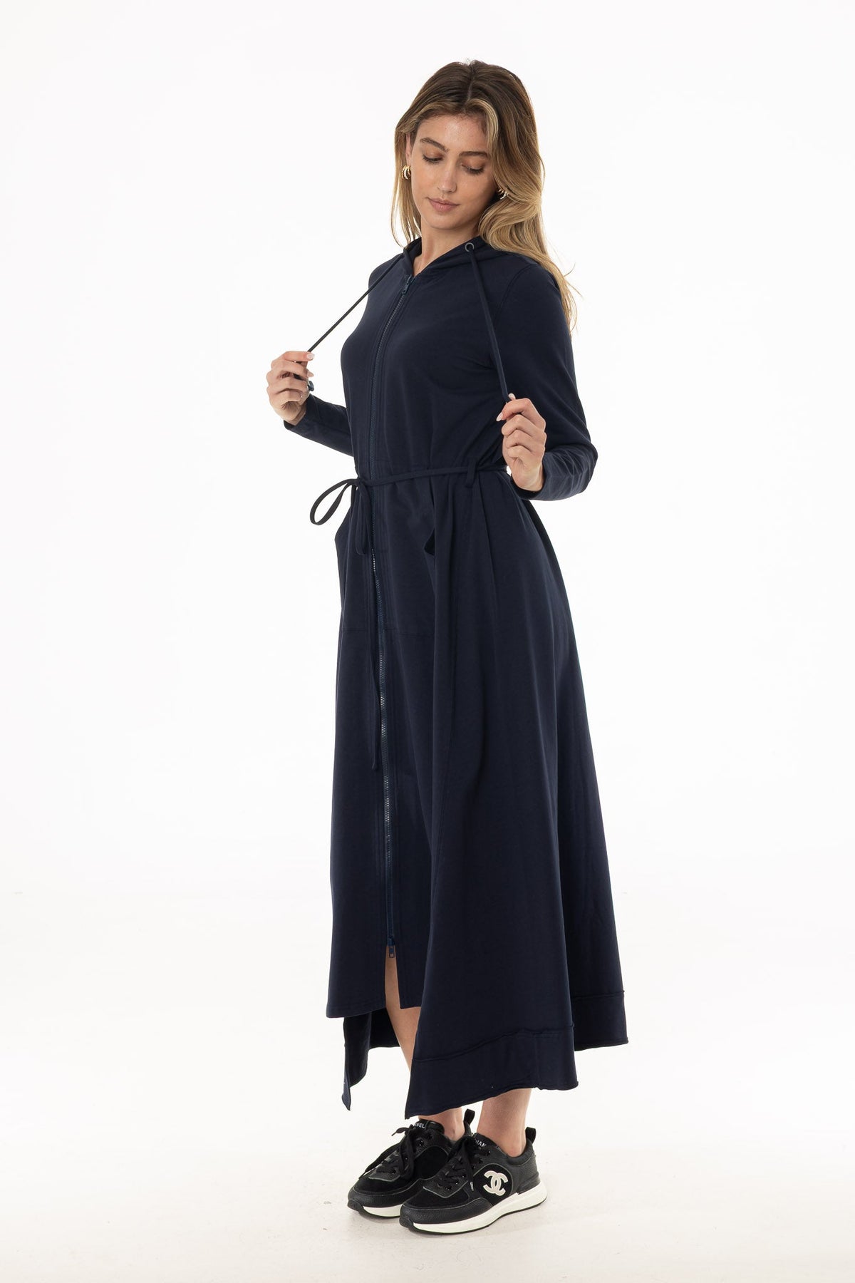 CHITHELABEL - Navy Maxi Sweatshirt Dress with Asymmetrical Hem & Tie Belt
