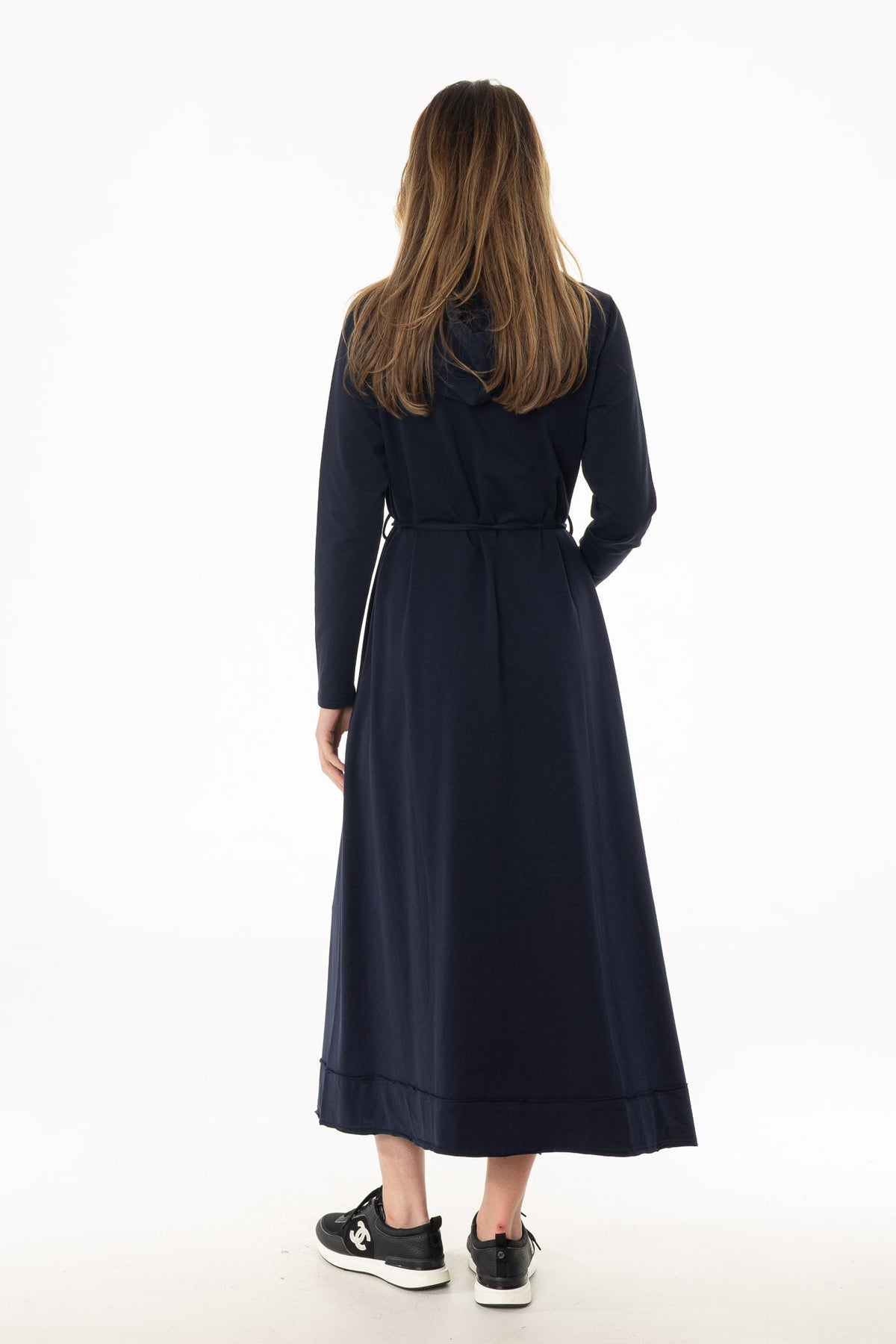 CHITHELABEL - Navy Maxi Sweatshirt Dress with Asymmetrical Hem & Tie Belt