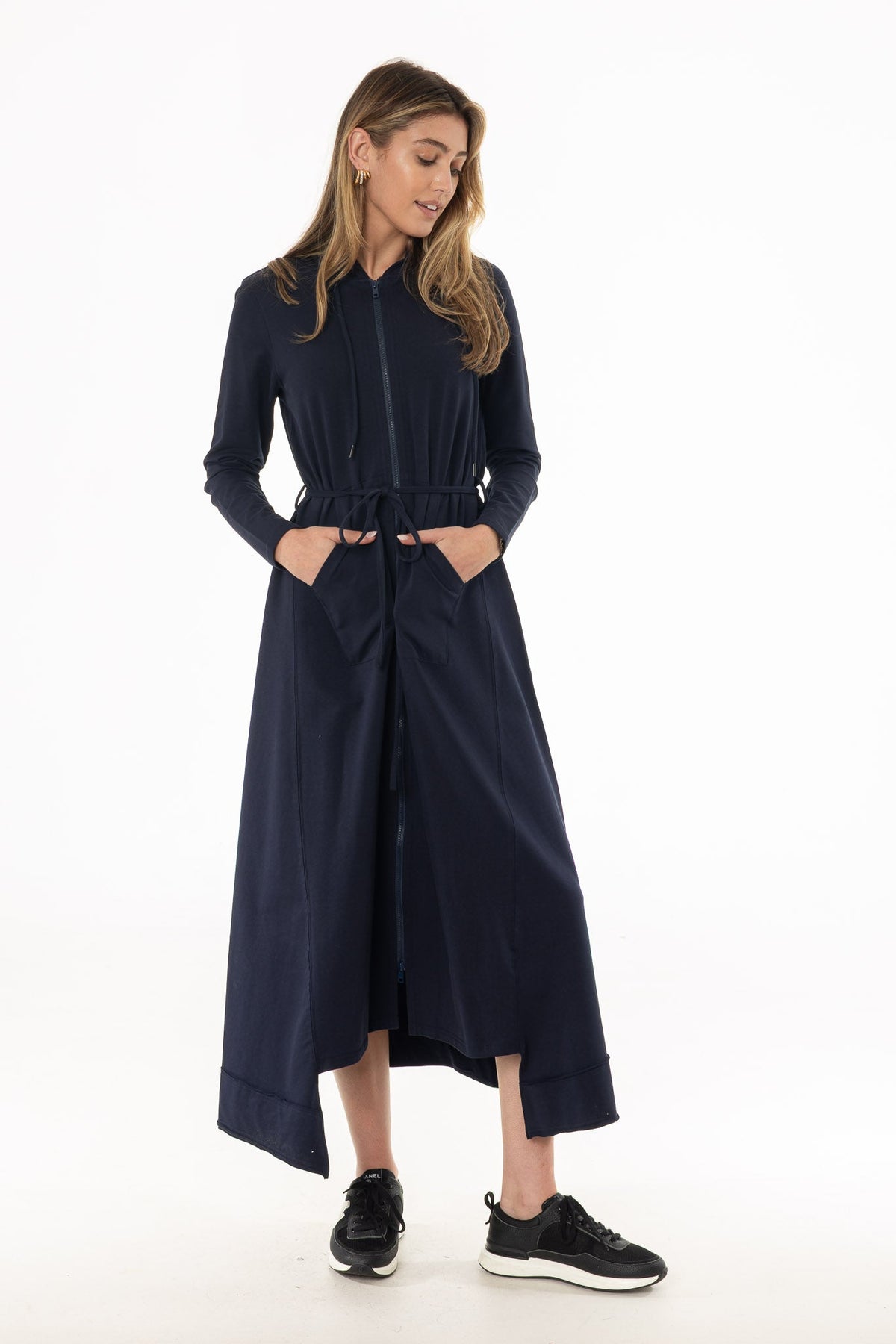 CHITHELABEL - Navy Maxi Sweatshirt Dress with Asymmetrical Hem & Tie Belt