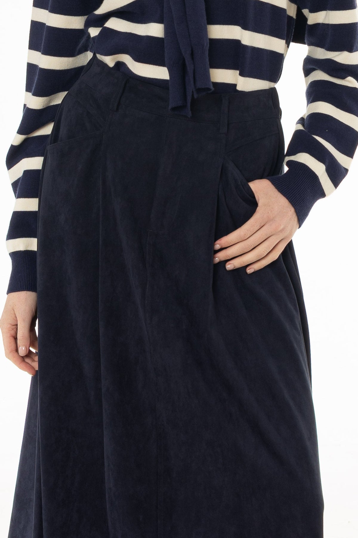 CHITHELABEL - Navy Microsuede Flared Maxi Skirt