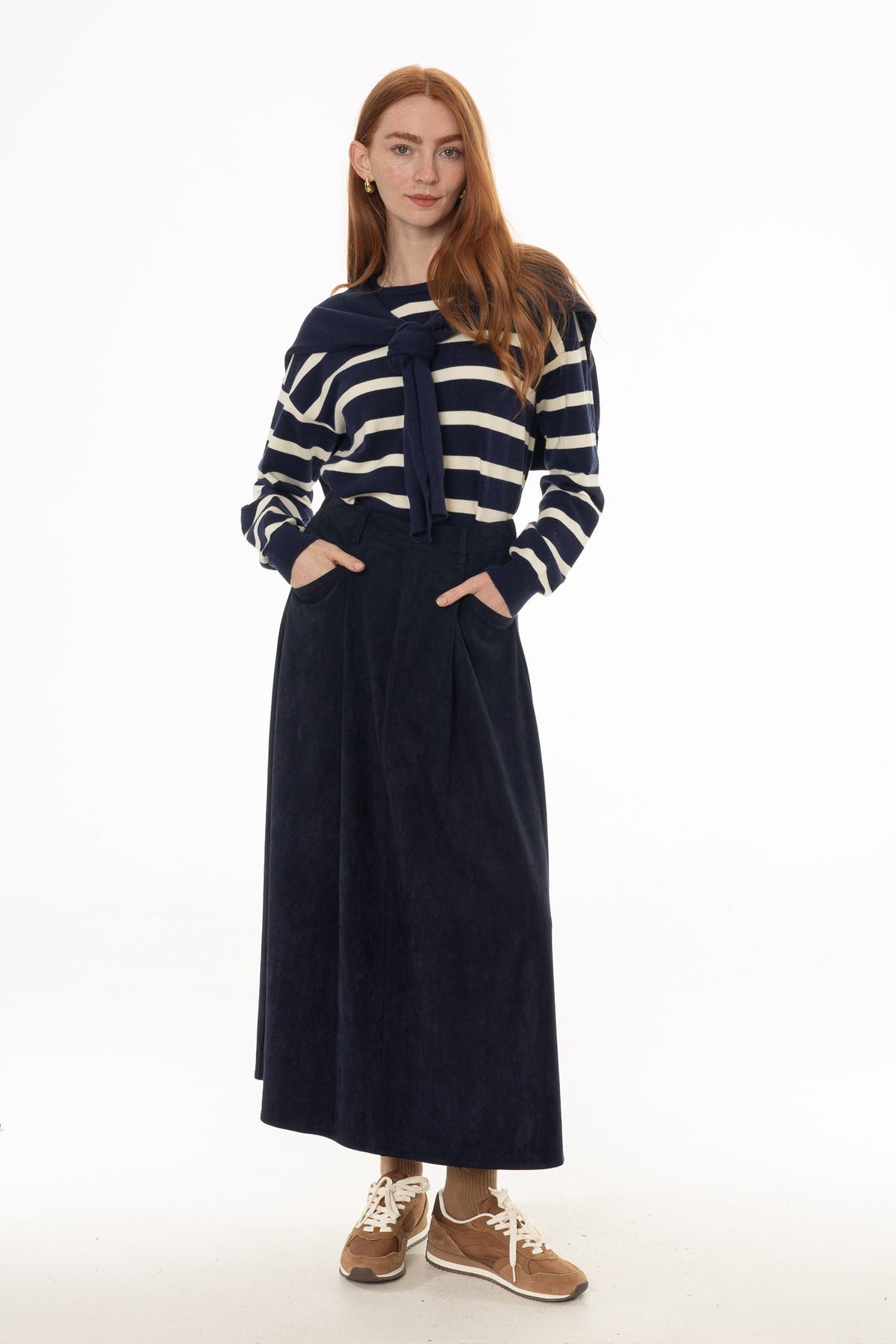 CHITHELABEL - Navy Microsuede Flared Maxi Skirt