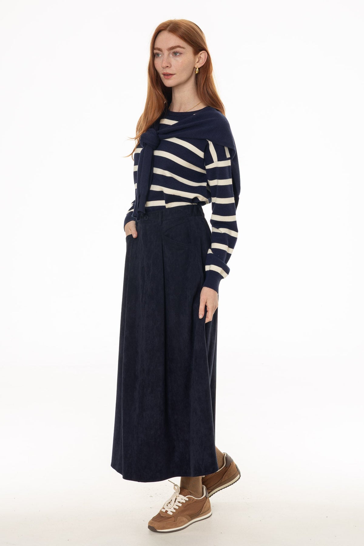 CHITHELABEL - Navy Microsuede Flared Maxi Skirt