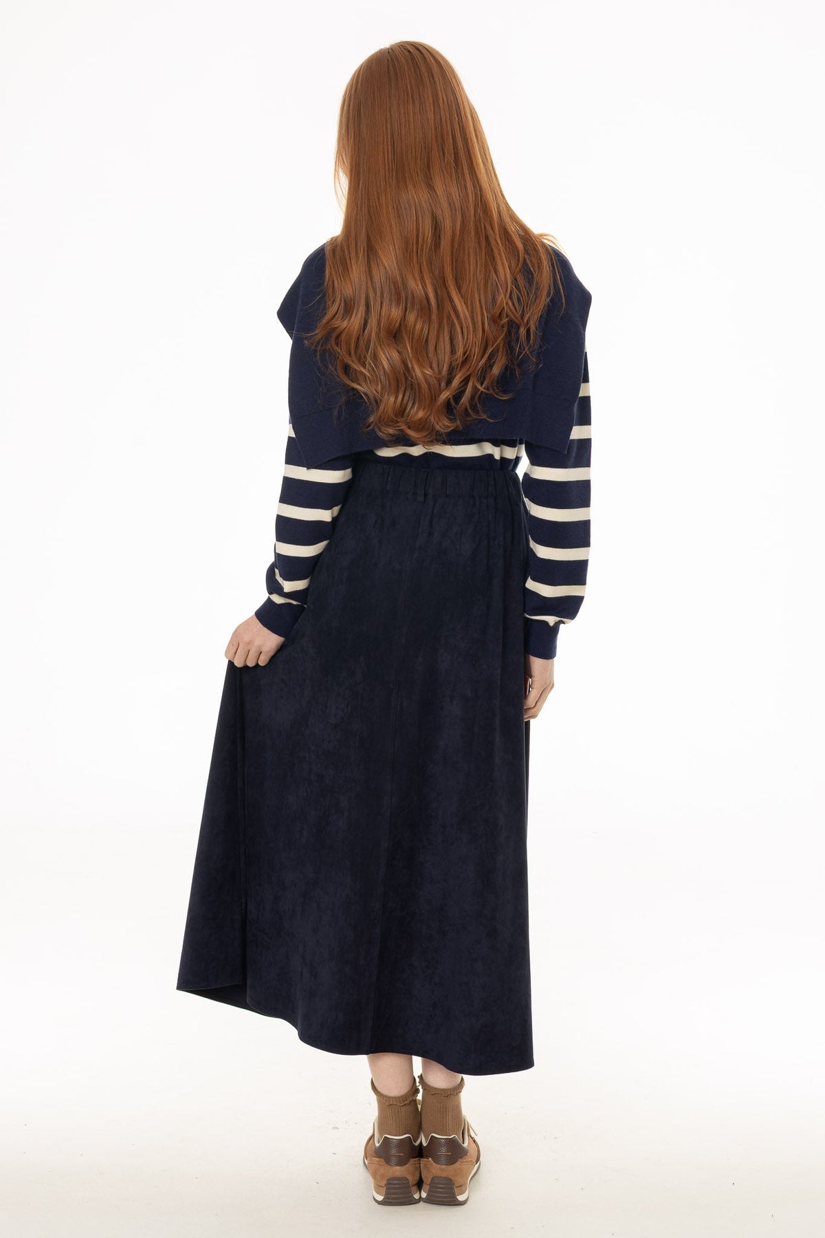 CHITHELABEL - Navy Microsuede Flared Maxi Skirt