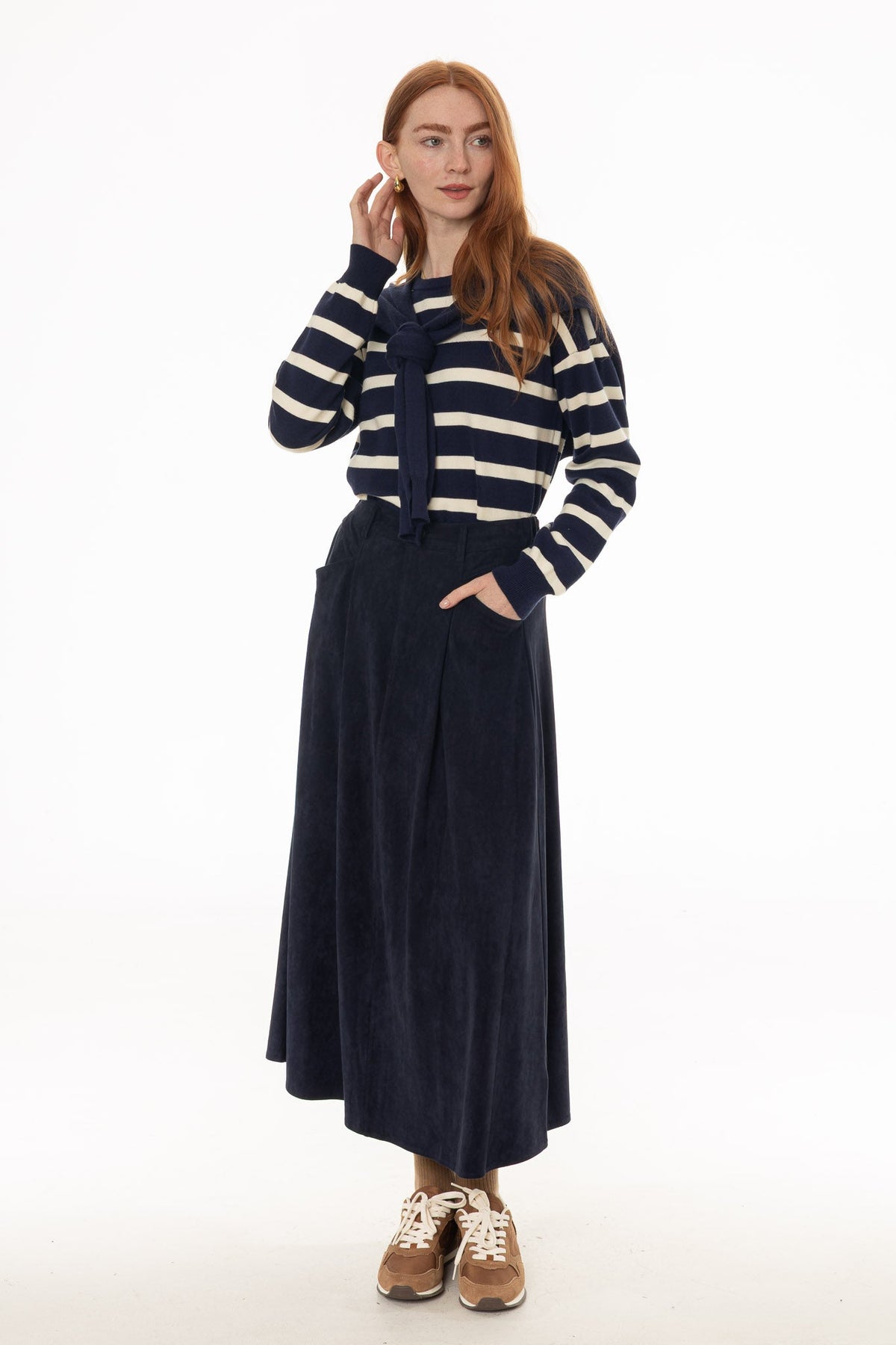 CHITHELABEL - Navy Microsuede Flared Maxi Skirt