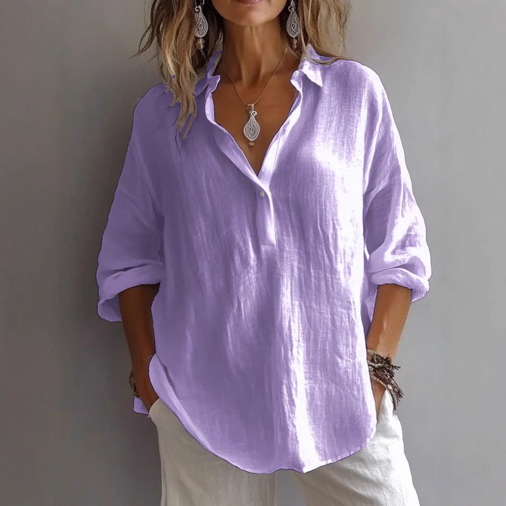Women’S Casual Linen Shirt with Button Placket and Wide Sleeves Amarae