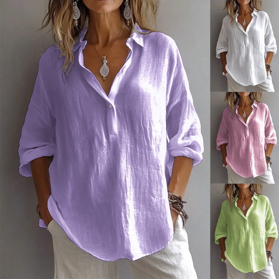 Women’S Casual Linen Shirt with Button Placket and Wide Sleeves Amarae