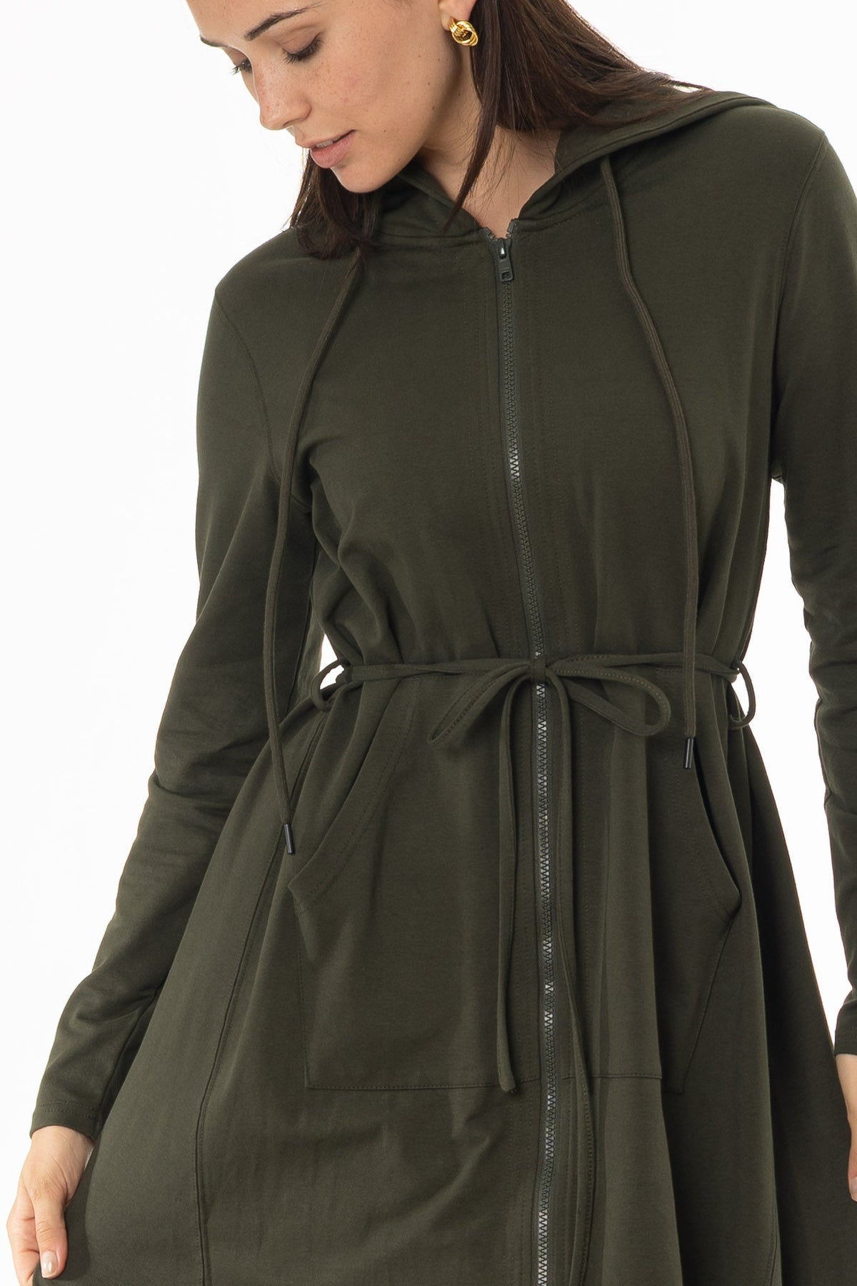 CHITHELABEL - Olive Hooded Sweatshirt Maxi Dress with Tie Belt