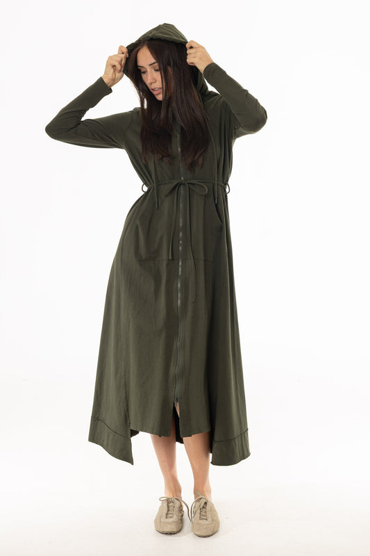 CHITHELABEL - Olive Hooded Sweatshirt Maxi Dress with Tie Belt