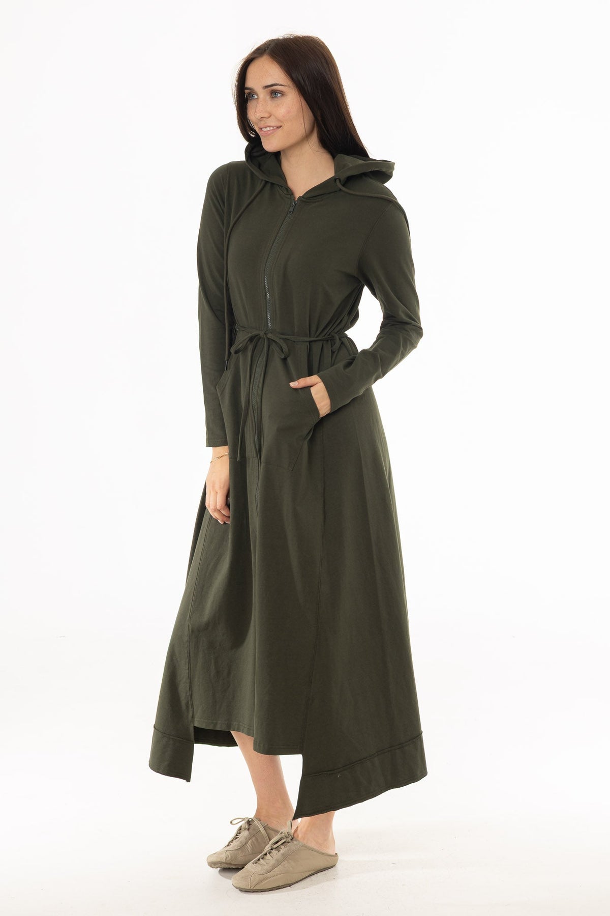 CHITHELABEL - Olive Hooded Sweatshirt Maxi Dress with Tie Belt