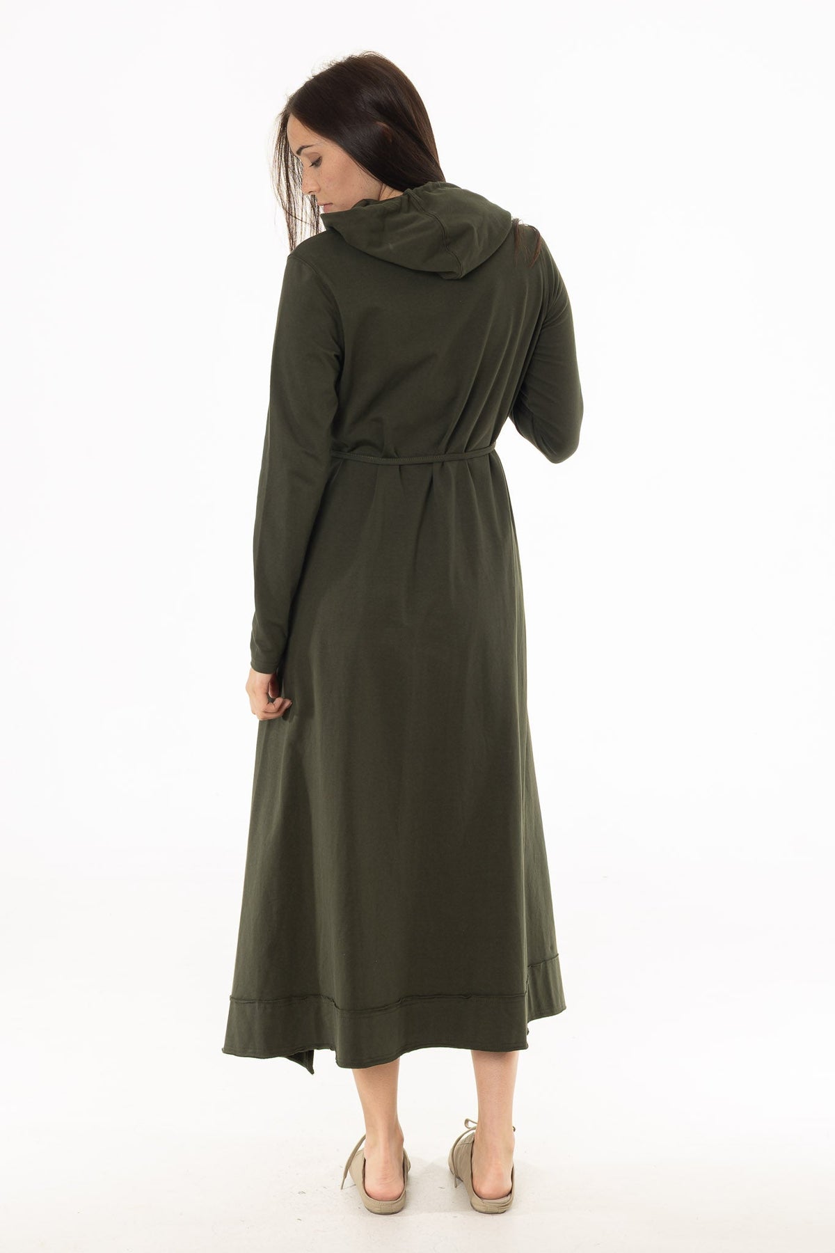 CHITHELABEL - Olive Hooded Sweatshirt Maxi Dress with Tie Belt