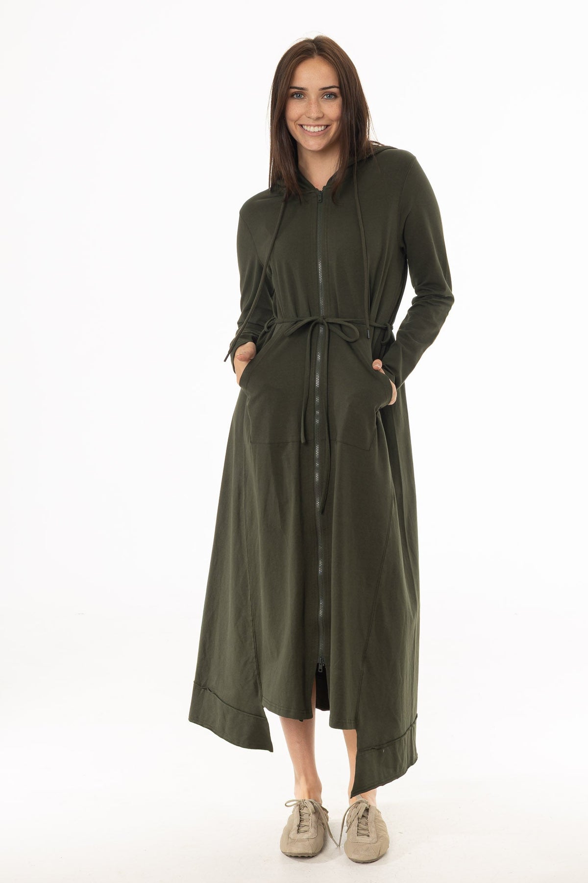 CHITHELABEL - Olive Hooded Sweatshirt Maxi Dress with Tie Belt