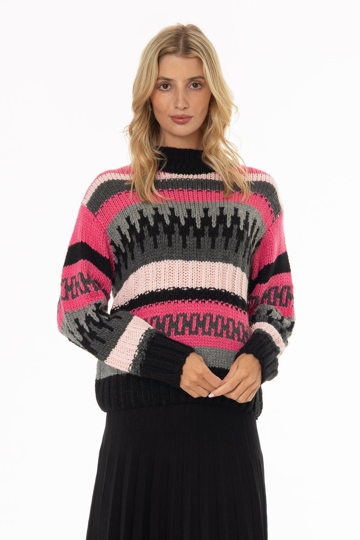 CHITHELABEL - Geometric Mock Neck Sweater in Pink Multi-Knit