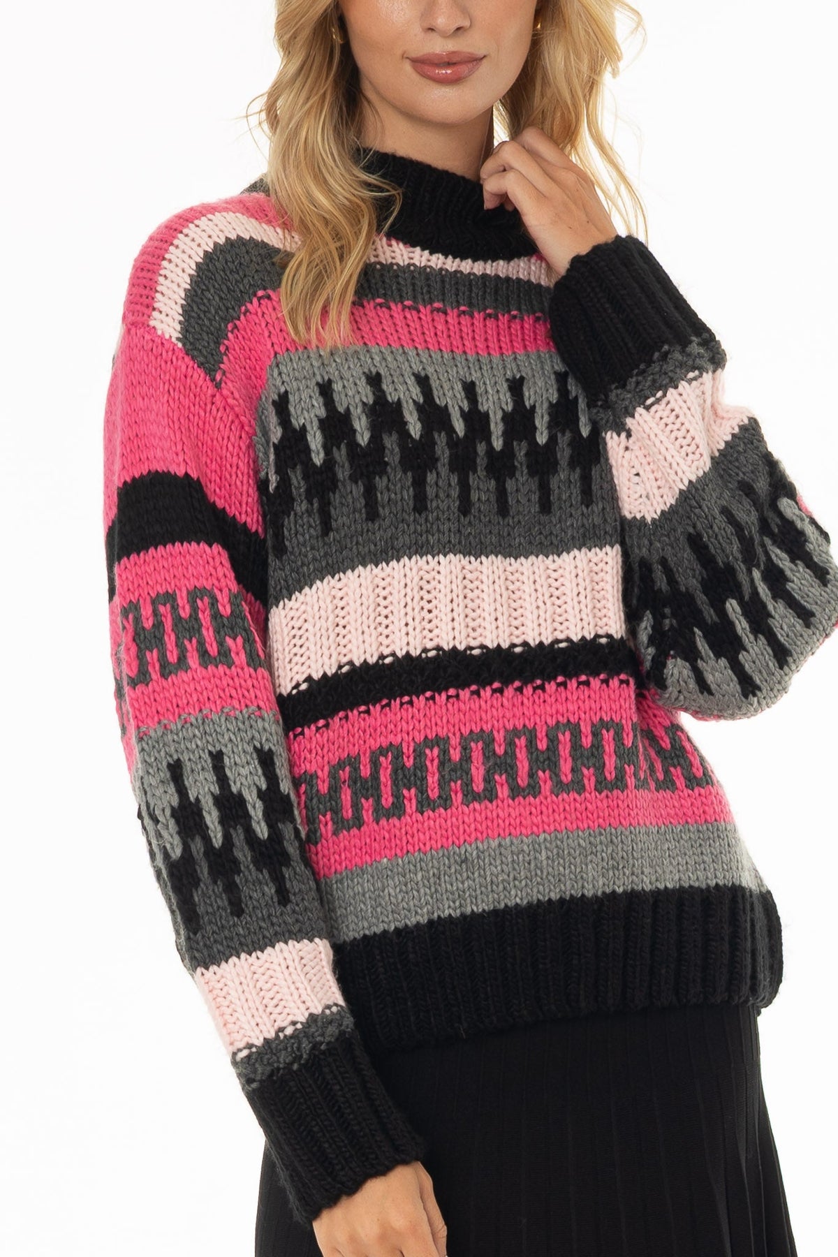 CHITHELABEL - Geometric Mock Neck Sweater in Pink Multi-Knit