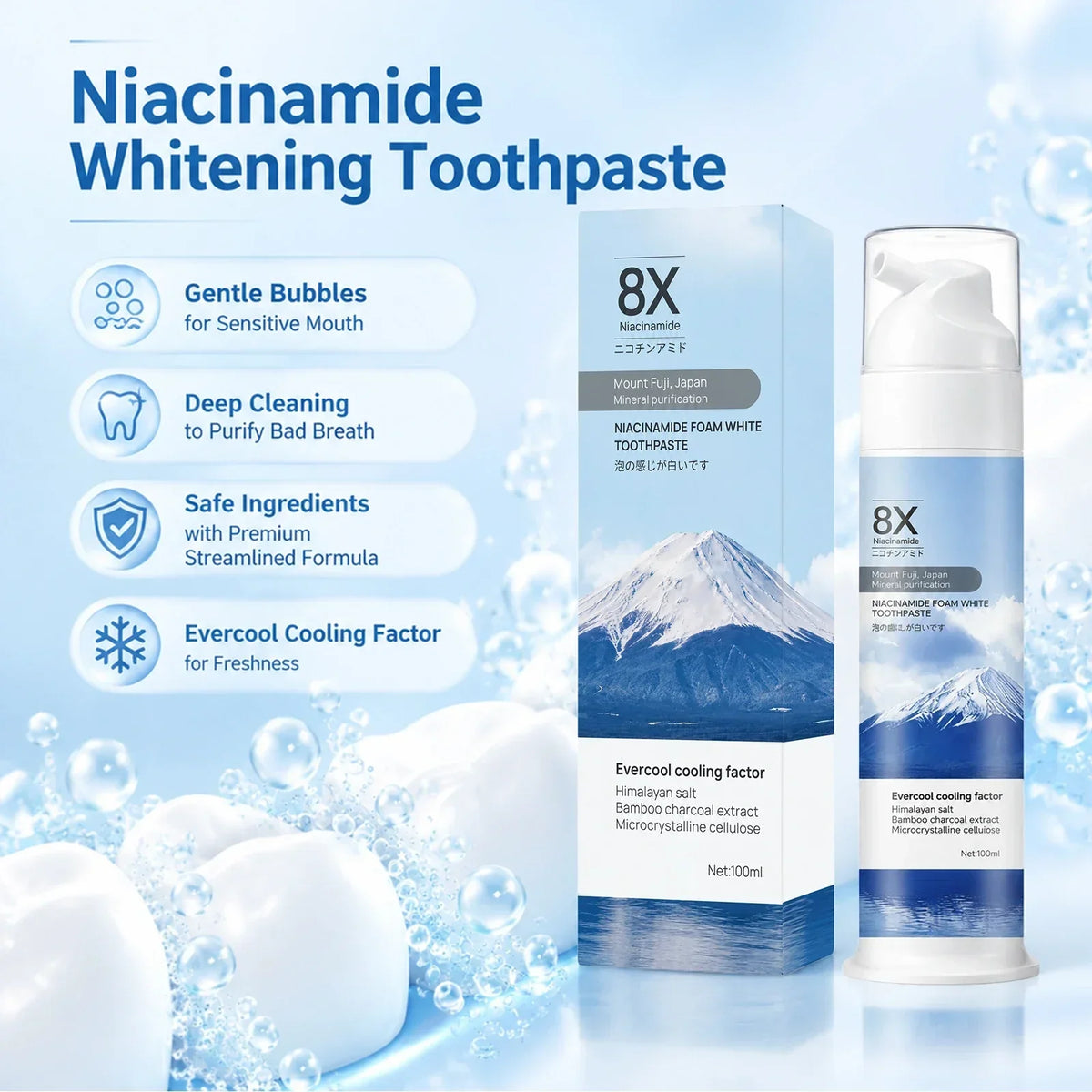 Niacinamide Foam Toothpaste 100ml – Teeth Brightening Foam for Fresh Breath