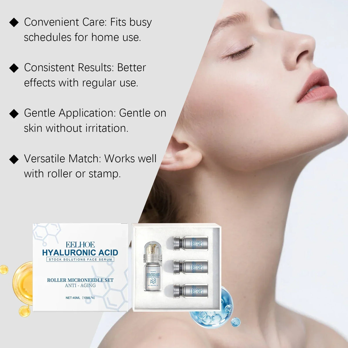 Hyaluronic Acid Face Serum Set with Roller Applicator – 4 x 10ml Moisturizing Serum