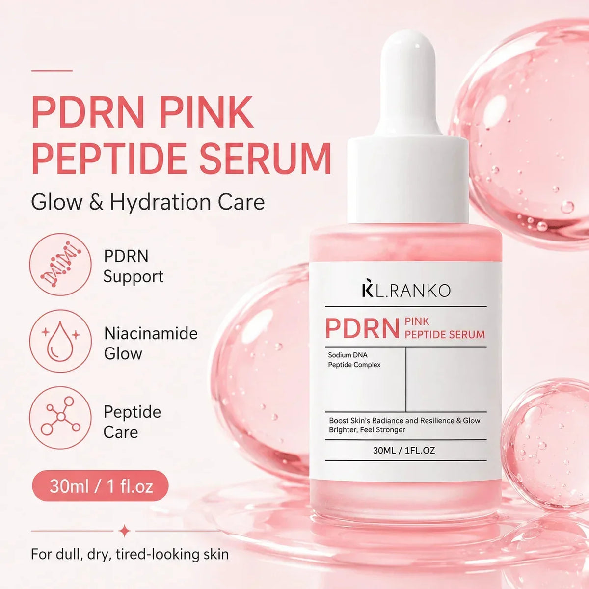 PDRN Peptide Face Serum 30ml with Collagen and Niacinamide – Hydrating Glow Serum