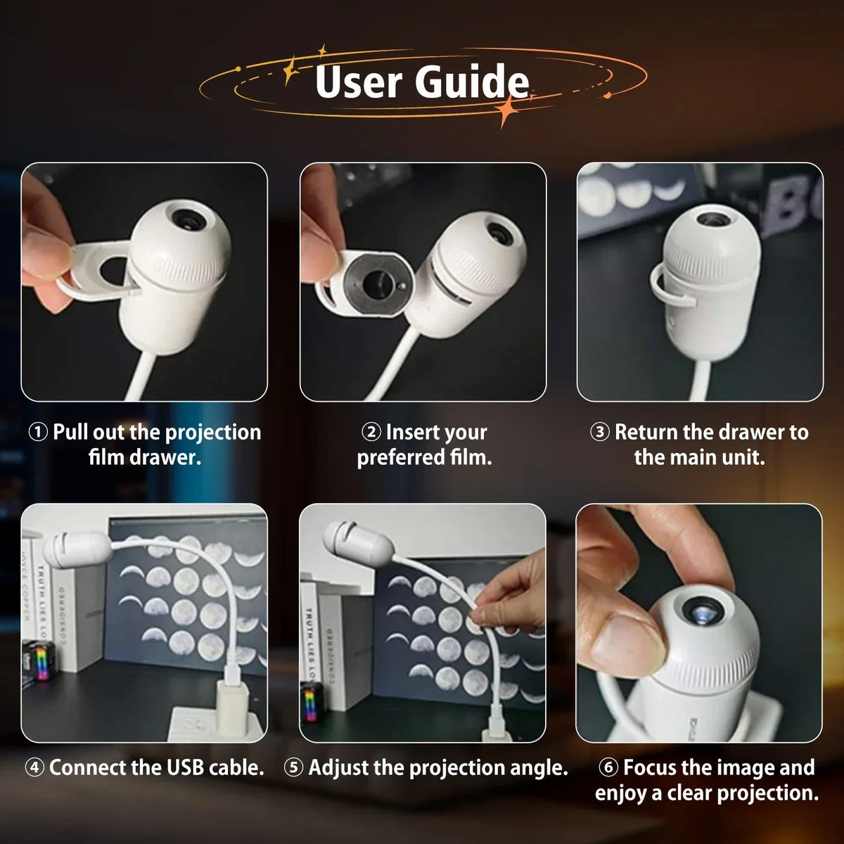 USB Mini Galaxy Star Projector Night Light with Interchangeable Slide Films – Starry Sky Light for Home and Car