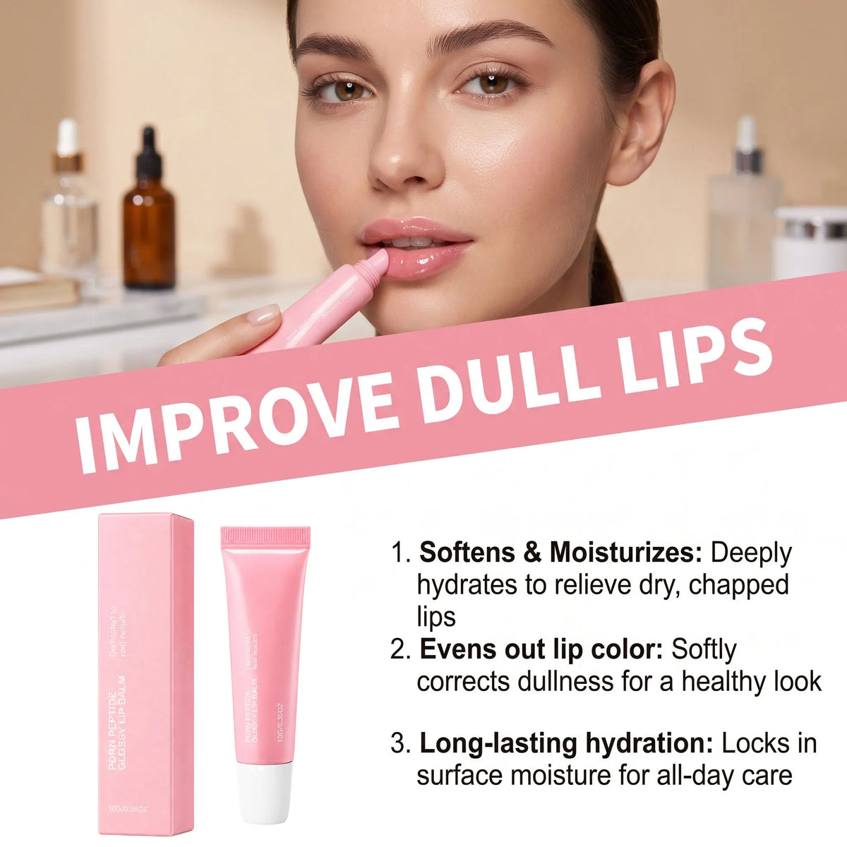 PDRN Peptide Glossy Lip Balm 10g – Hydrating Pink-Tinted Lip Cream for Dry Lips
