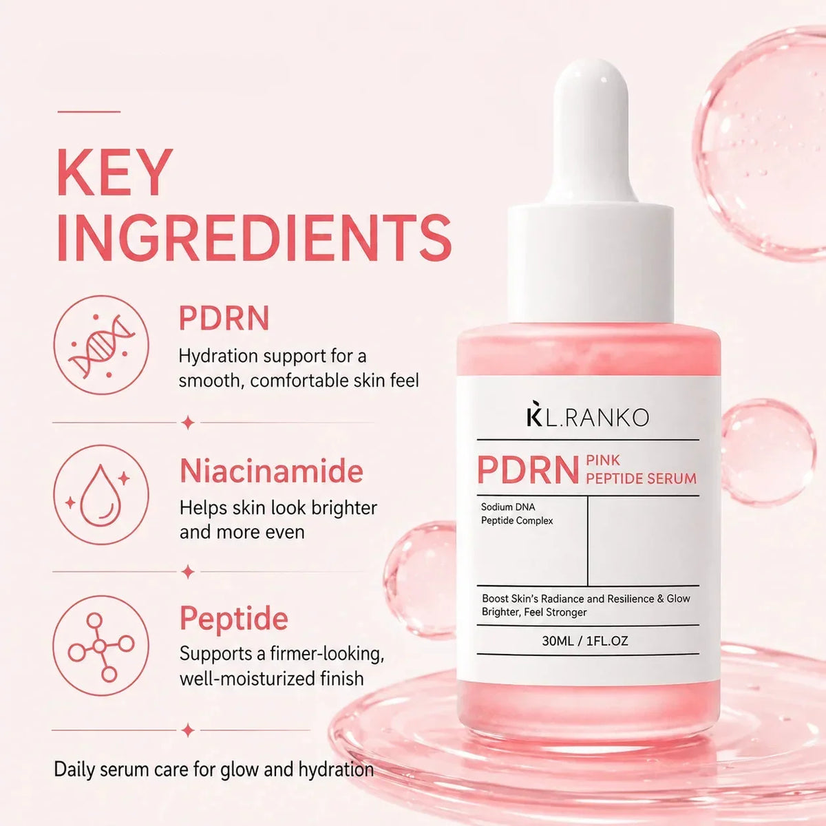 PDRN Peptide Face Serum 30ml with Collagen and Niacinamide – Hydrating Glow Serum