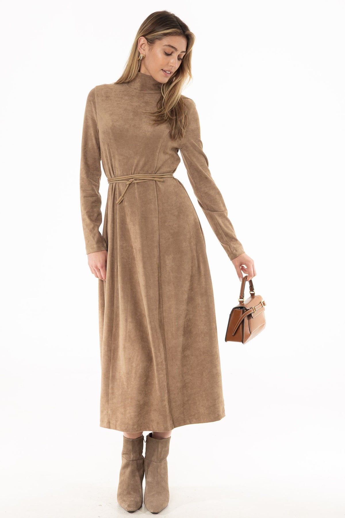 CHITHELABEL - Tan Suede Seam-Detail Flared Maxi Dress